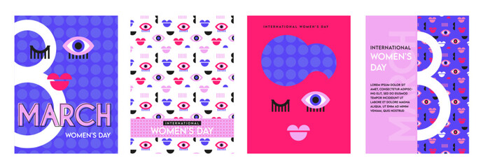 women's day greeting card set and posters. Happy women's day with pattern and abstract woman face. Strong and brave girls support each other. Sisterhood and females friendship. Vector illustration