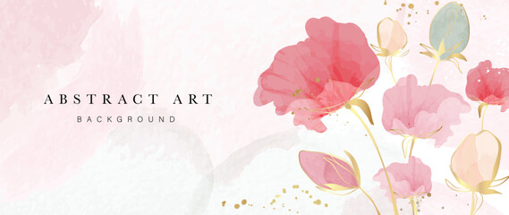 Abstract art background vector. Luxury watercolor botanical flowers with golden ink splatter texture background. Art design illustration for wallpaper, poster, banner card, print, web and packaging.  - obrazy, fototapety, plakaty