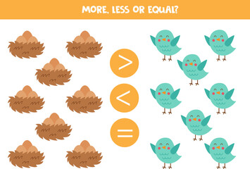 More, less or equal with cute birds and nests.