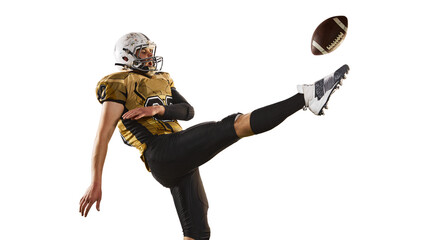 Kicking ball with leg. Man, professional american football player in motion, training over white...