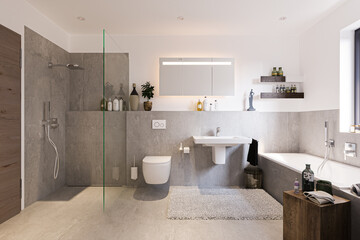 modern bathroom in apartment interior with tiles and furniture
