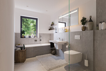 modern bathroom in apartment interior with tiles and furniture