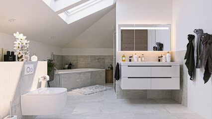 modern bathroom in apartment interior with tiles and furniture
