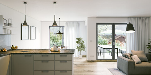 Modern interior in european apartment house with wooden floor