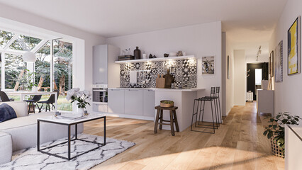 Modern interior in european apartment house with wooden floor