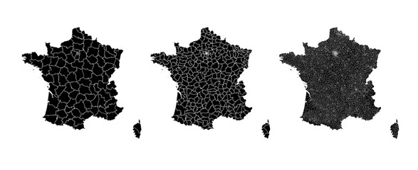 France map municipal, region, state division. Administrative borders, outline black on white background vector.