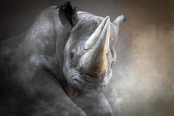 Charging rhino in a cloud of smoke