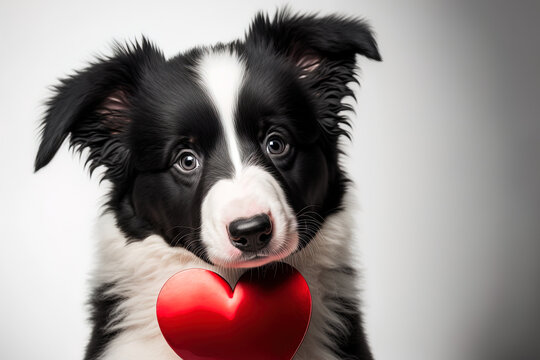 Concept for Saint Valentine's Day. Border Collie puppy clutching red heart on nose in humorous photo on white background. On Valentine's Day, a sweet dog presents a gift. Generative AI