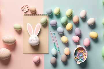 top view of the decorative arrangement Background idea for the Easter holiday. Bunny eggs in various colors are flat lay on modern, lovely pink paper at a desk. pastel color scheme. Generative AI