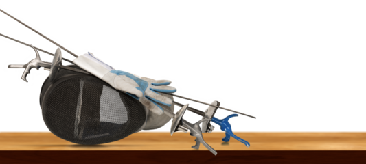 Foil fencing equipment. Three fencing foils with pistol grip (sporting weapon - sword), a fencing mask and a blue and white glove, on a wooden table, isolated on white or transparent background. 
