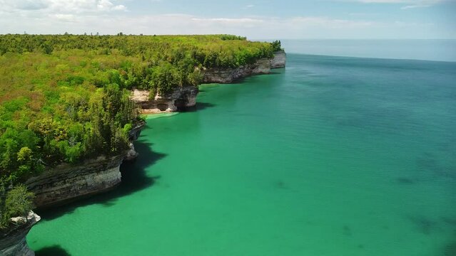 Aerial Lakeshore Rock Cliff Fly Out Pan - Pictured Rocks National Lakeshore, Michigan