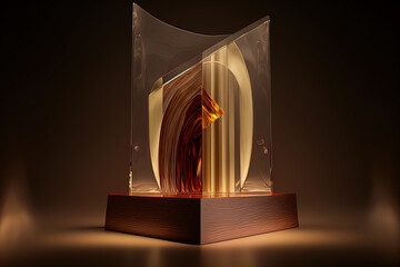 Innovative abstract podium made of glass and wood with a brown background and harsh lighting. Generative AI