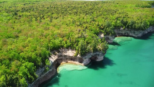 Aerial Lakeshore Rock Cliff Descent - Pictured Rocks National Lakeshore, Michigan