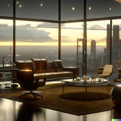 Fototapeta premium concept art of an apartment living room overlooking a large futuristic city with floor to ceiling windows and mid century modern furniture