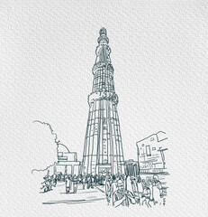Qutub Minar Mehrauli Delhi India sketch illustration