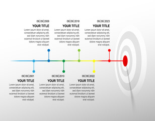 Colour line hit to dartboard with sample infographic. target timeline left to right. Business data chart, investment goal, marketing challenge, strategy presentation, achievement diagram. template