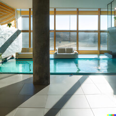 interior of a house, pool room with sofa's, from floor to roof windows, clear outside view to garden, a beautifule view