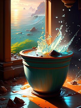 A Beautiful Painting Of Water Spilling Out Of A Broken Pot, Earth Colored Clay Pot