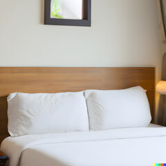close up vew of luxury bedroom with wooden bed and white pillows