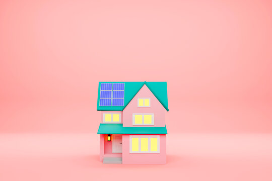 Smart house with solar panels on roof. 3d rendering model