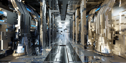 Futuristic sci-fi corridor room. Modern Future background style, interior concept. 3d rendering
