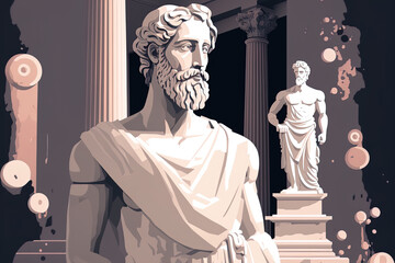 Greek man, stone statue, museum background, ancient column pedestal. conventionally opulent abstract podium makeup. illustration. Generative AI