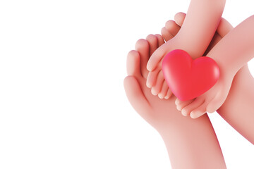 3d icon red heart in hand. cartoon arm holding gesture. hand give red heart. Realistic illustration of donation love or charity for appreciation social media isolated on white background. 3d rendering