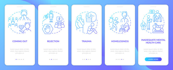 LGBTQI mental health risk factors blue gradient onboarding mobile app screen. Walkthrough 5 steps graphic instructions with linear concepts. UI, UX, GUI template. Myriad Pro-Bold, Regular fonts used