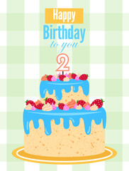 Bright cheerful birthday card invitation with a cake for children or teenagers. For girls and boys. Suitable for print, postcards, poster.