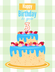 Bright cheerful birthday card invitation with a cake for children or teenagers. For girls and boys. Suitable for print, postcards, poster.