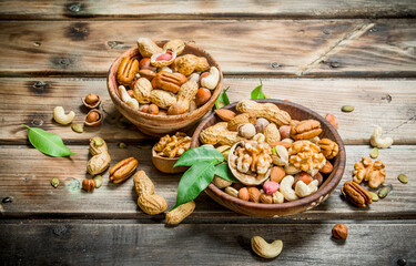 Different types of nuts in bowls with green leaves.