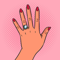engagement wedding ring with diamond on girl hand pinup pop art retro raster illustration. Comic book style imitation.