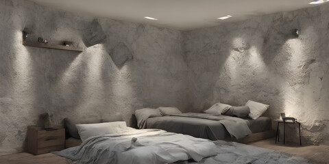 luxury comfortable bedroom with lights and futuristic wall graphy
