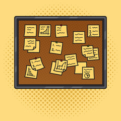 board with yellow post stickers and notes pinup pop art retro raster illustration. Comic book style imitation.