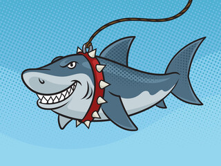Shark pet on leash pinup pop art retro raster illustration. Comic book style imitation.