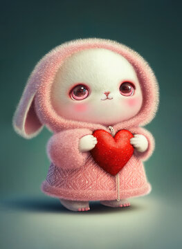 Cute rabbit baby holds red love heart. Valentine's day card with sweet kawaii bunny. Small lovely adorable rabbit cartoon character with valentine heart. Funny Valentines day illustration, postcard 3D