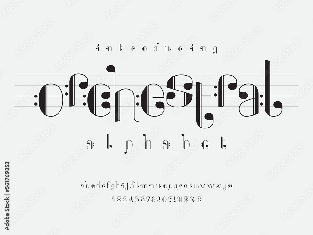 Fototapete vector of music note font and alphabet design with uppercase, numbers and symbols