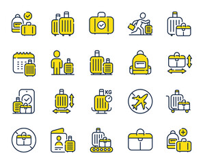 Baggage line icons. Travel bag size, Check weight and Backpack set. Airport luggage belt, handbag dimensions and baggage claim line icons. Check bag size, allowed luggage and briefcase. Vector