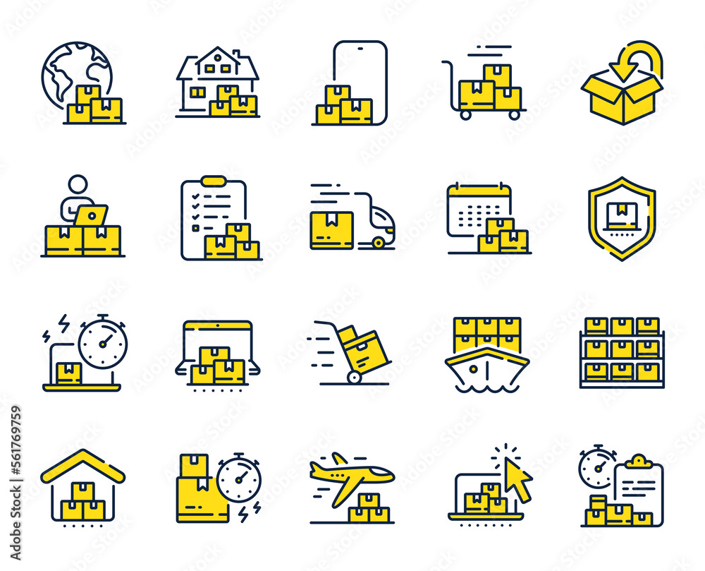 Poster delivery line icons. return package, logistic service and delivery date set. freight distribution, g