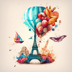 Fototapeta na wymiar France themed illustration, eiffel tower, bird, flowers, balloons