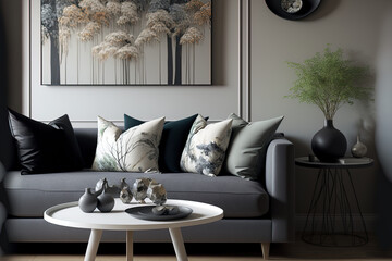 Modern living room with grey sofa with decorative pillows and small round table. Generative AI