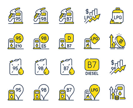 Filling station line icons. Petrol canister, B7 diesel fuel and gas cylinder set. Lpg, fuel filling station and 95 petrol canister line icons. Liquefied gas, rising prices and oil energy. Vector