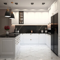 Modern kitchen with white cabinets and grey chairs, fridge, cook top, oven