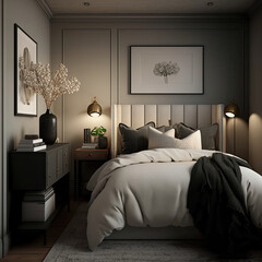 Modern bedroom interior with picture frame on top of the bed