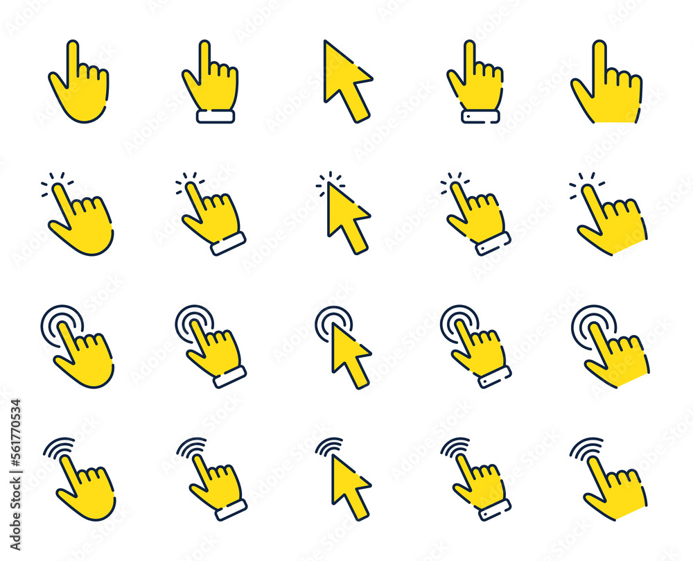 Poster click pointer line icons. mouse cursor, hand finger and press here set. computer arrow, interface to