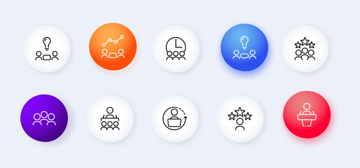 Business flat line Icons set. Communication, debates, speeches, assessment, stars, light bulb, idea, business, plan, team, debate, society, hours. Concept communication. Vector flat line icons set