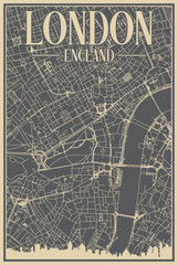 Grey hand-drawn framed poster of the downtown LONDON, ENGLAND with highlighted vintage city skyline and lettering