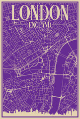 Purple hand-drawn framed poster of the downtown LONDON, ENGLAND with highlighted vintage city skyline and lettering