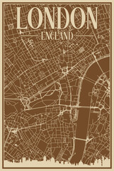 Obraz premium Brown hand-drawn framed poster of the downtown LONDON, ENGLAND with highlighted vintage city skyline and lettering