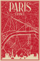 Red hand-drawn framed poster of the downtown PARIS, FRANCE with highlighted vintage city skyline and lettering